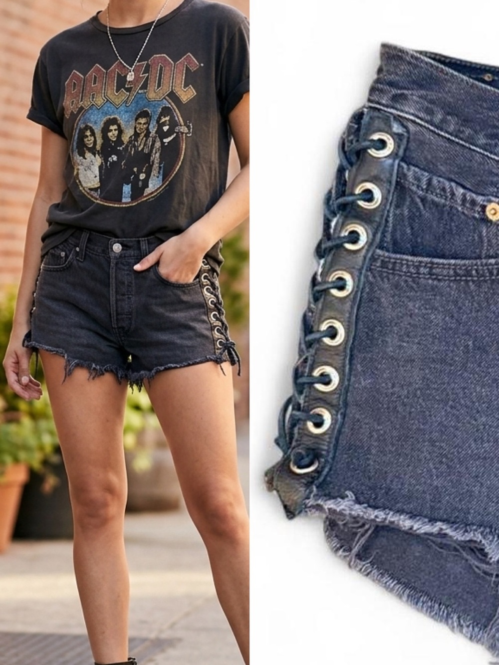 Reworked Levi’s Vintage Side Lace-Up High-Rise Denim Cut-Off Faded Black Shorts